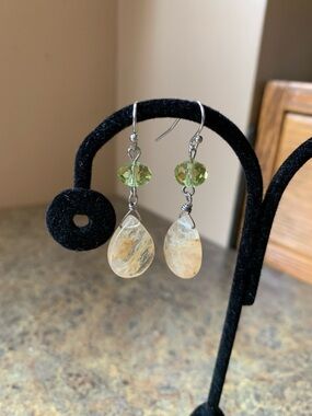 Rutilated Citrine and Green Crystal Teardrop Dangle Earrings